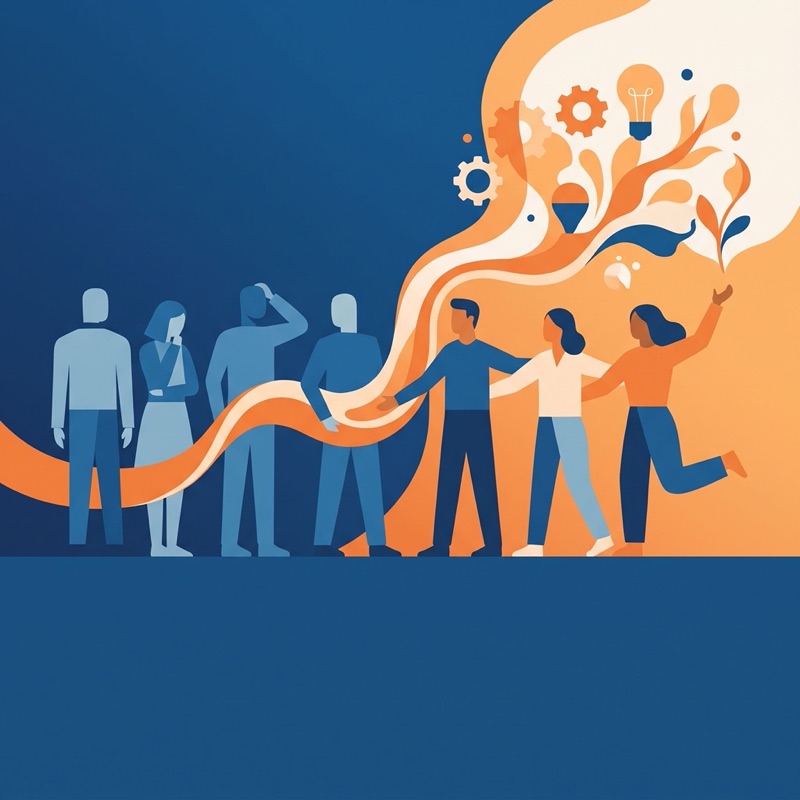 Cover artwork for this episode: a flat editorial illustration of a team, four hesitant figures in muted blue on the left, one scratching his head, and an orange ribbon flowing through them to three figures in warm colours on the right who reach out and leap, with gears, light bulbs and leaves rising above them, in deep blue, orange and cream, with no text in the picture